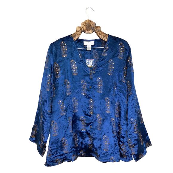 Soft Surroundings Velveteen Button Up Blouse Beaded Sequin Embroidered Blue 3X - Picture 9 of 9